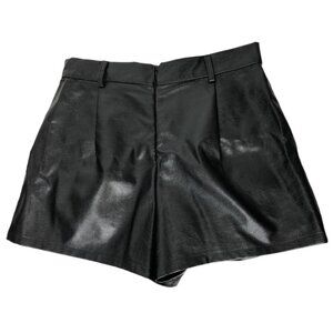 Shein Faux Leather Pleat Black Wide Leg Shorts Women M Lined Pockets High Waist